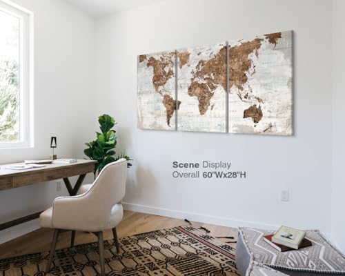 Image of Office Wall Art Canvas World Map Motivational Living Room Pictures | Large Framed Vintage Wall Decor for Men Women Bedroom Home Travel Global Brown Artwork