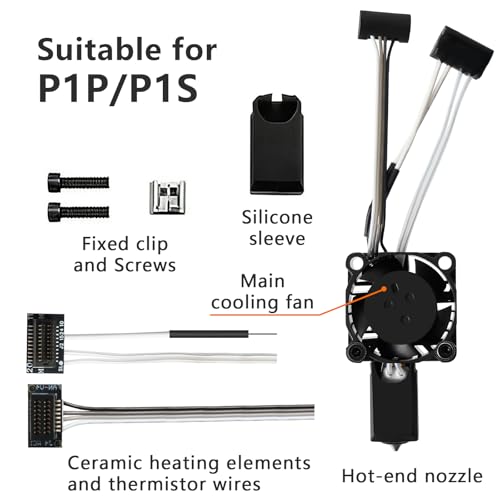 P1S/P1P Hotend-Komplettkit mit 60W-Keramikheizer & 0-320°C Thermistor – Vollmontiertes Hotend mit Lüfter, 0,4mm Düse aus gehärtetem Stahl, Heizblock – Kompatibel mit Bambu Lab P1 Serie 3D-Drucker