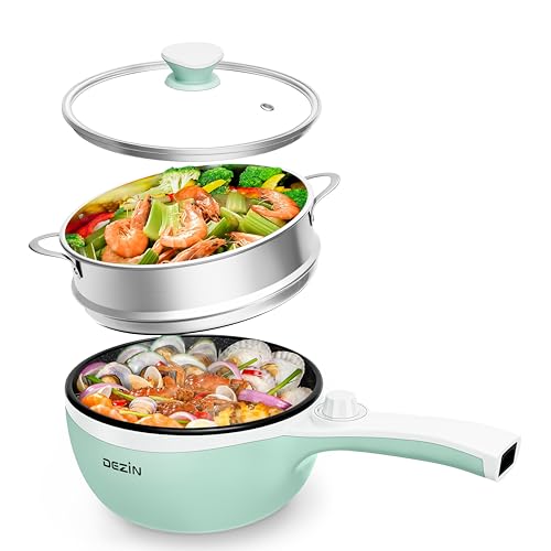 Dezin Hot Pot Electric with Steamer Upgraded, Non-Stick Sauté Pan, Rapid Noodles Electric Pot, 1.5L Mini Pot for Steak, Egg, Fried Rice, Ramen, Oatmeal, Soup with Power Adjustment
