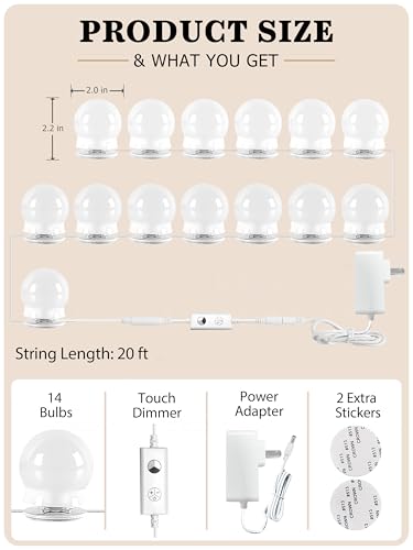 Image of Waneway 14 Bulbs Vanity Lights for Mirror, Plug in Power Adapter & Touch Control Dimmer, 3 Color Modes, 1260 Lumens, Stick on LED Makeup Lights Kit (Mirror Not Included)