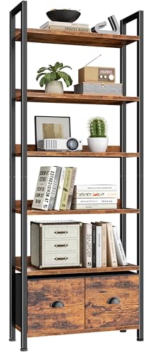 Furologee 6-Tier Bookshelf, Tall 71' Rustic Bookcase with 2 Drawers Storage Organizer, Industrial...