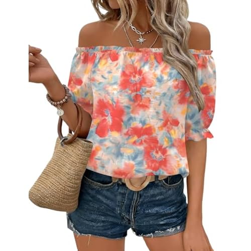 Kistore Womens Tops Short Sleeve Cotton Shirts Off The Shoulder Tops for Women Crewneck Dressy Casual Blouses S-XXL Apricot Orange Floral Small