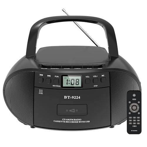 Portable Radio CD Player with Bluetooth, FM Radio, Remote Control, USB Playback, AC/Battery Powered, Compact Boombox with Speakers and Earphone Jack