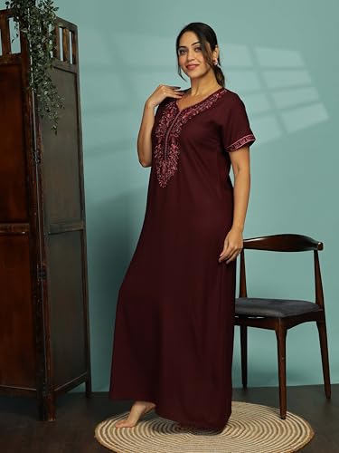 Image of 9shines Label Stylish Alpine Nighty Maxi for Women | Full Length Trendy Nightgown | Premium Nightdress | Nightwear | Heavy Embroidery Nighty with Pockets(2891)