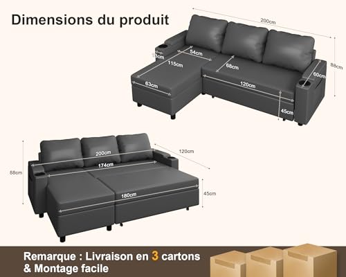 Canapé d’angle convertible L avec rangement, Devoko
