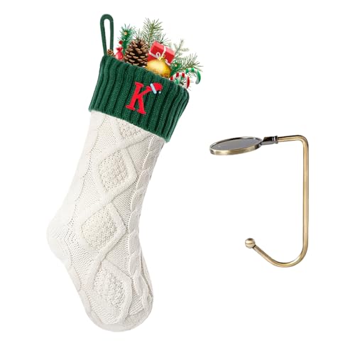 VRFASHION Christmas Stockings with Initials, Letter K Embroidered Xmas Stocking, 18" Large Monogram Knitted Xmas Stocking, Christmas Party Fireplace Family Hanging Stocking Decoration 1Pcs White-Green