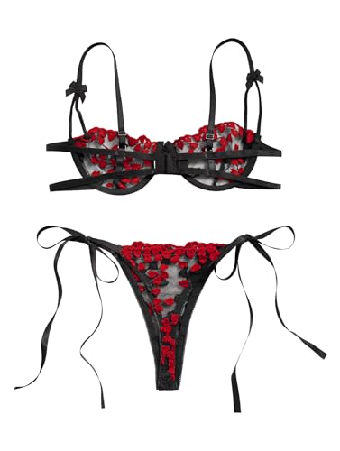 Image of Lilosy Sexy Tie Side Cute Underwire Push Up Strappy Embroidered Mesh Sheer Lingerie Set