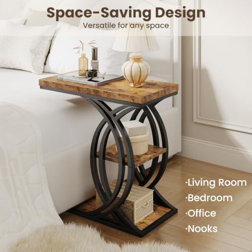 FJLHOHG C Shaped End Table, Bed Side Table, 3-Tier Side Table with Metal Frame, Wood End Table with Storage for Living Room, Couch, Sofa, Bedroom, Easy Assembly, 23.6" D*11.8" W*23.6" H, Rustic Brown by FJLHOHG - Used condition - Image 7