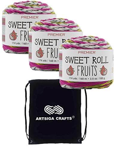 Premier Yarns Sweet Roll Fruits Dragon Fruit 2056-02 (3-Skeins - Same Dye Lot) Worsted Medium #4 Acrylic Yarn for Crocheting and Knitting - Bundle with 1 Artsiga Crafts Project Bag