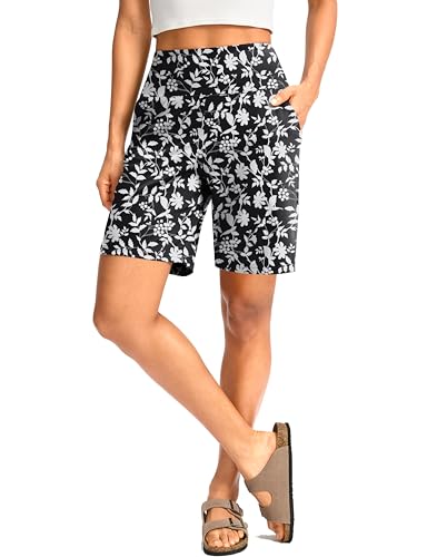 G Gradual Women's 9"/7"/5" Bermuda Athletic Long Shorts with 2 Pockets(White Flower-L7,M) — view 3