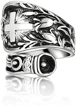 Cawsug Adjustable Cross Spoon Rings for Women Silver Vintage Boho Statement Floral Design Victorian Thumb Handmade Jewelry (Cross, Adjustable)