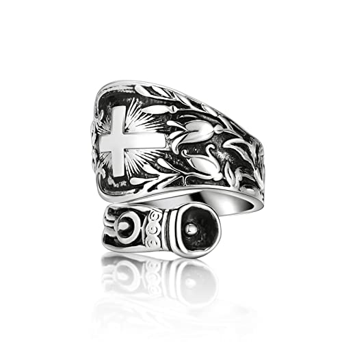 Cawsug Adjustable Cross Spoon Rings For Women Silver Vintage Boho Statement Floral Design Victorian Thumb Handmade Jewelry (Cross, Adjustable) #TOP9