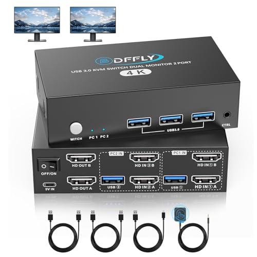USB 3.0 HDMI KVM Switch 2 Monitors, 2 PCs, 4K@60Hz