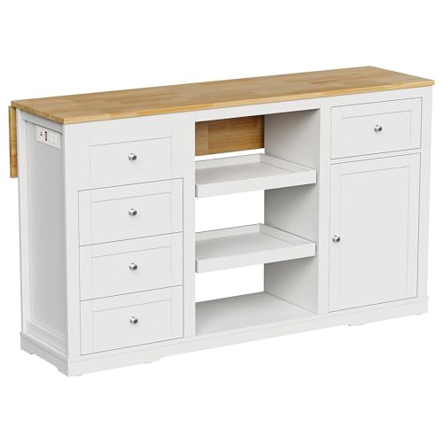 RoyalCraft 59\'\' Inch Kitchen Island with Storage and Drop Leaf, Island Table for Kitchen, Coffee Station Cabinet with Rubber Wood Top, Pull-Out Trays, Drawers, Adjustable Shelf, Power Outlet, White