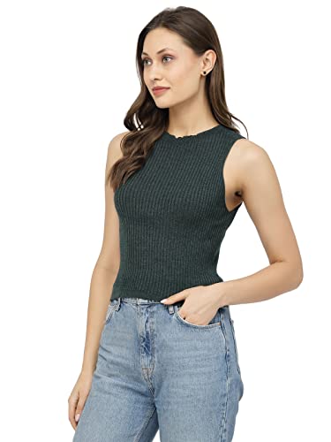 Image of Kalt Womens Knitted, Ribbed Cotton Fitted Sleeveless Round Neck Cami Tank Top