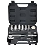 AEROFORCE 12PCS 3/8' Drive Spark Plug Socket Set with Ratchet Handle, Universal Joint, Extension Bar & Spark Plug Gapper, Fits 9/16', 5/8', 3/4', 13/16', 14mm, 18mm, CR-V Steel with Rubber Holder Ring