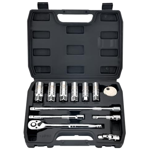 AEROFORCE 12PCS 3/8 Drive Spark Plug Socket Set with Ratchet Handle Universal Joint Extension Bar & Spark Plug Gapper Fits 9/16 5/8 3/4 13/16 14mm 18mm CR-V Steel with Rubber Holder Ring