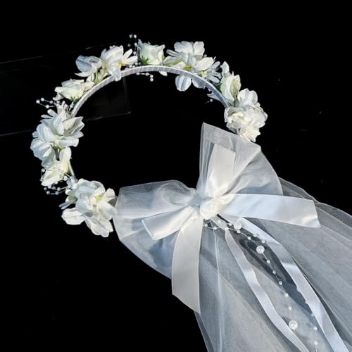 Image of Girls First Communion Holy Veil White Flower Headband Christening Headpiece