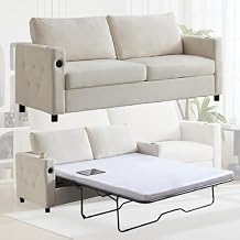 PUREMIND Queen Pull Out Sofa Bed, Velvet 2-in-1 Sleeper Sofa Beds with USB & Cup Holders, 67" Sleeper Loveseat Couch Beds with Folding Mattress, Pull Out Bed for Living Room, Beige