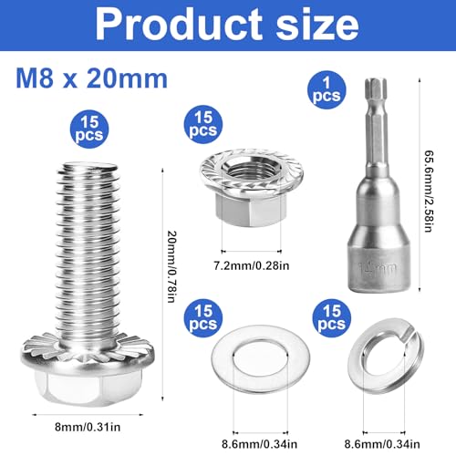 15 Stück M8 Schrauben Set, Sechskantschrauben M8x20mm, A2 V2A Edelstahl Flansch Schrauben Muttern Set, Maschinenschrauben mit Flanschmuttern, Unterlegscheiben, Federringe, für Bauwesen Maschinen