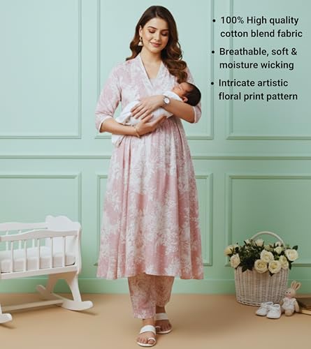 Image of DUMMY SHAPE Maternity Dresses for Women Cotton | Floral Kurta Pant Dupatta Set with Nursing Zippers, Side Pocket | Pre & Post Pregnancy | Feeding Kurti Suit | Baby Shower | Gifts for Pregnant Woman