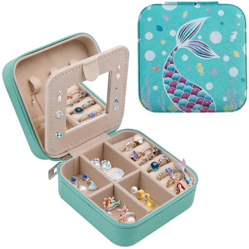 JJQHYC Joyero para Niñas, Organizador de Joyas de Viaje, Pequeño Joyeros con Espejo, Joyero Regalos de Sirenas para Cumpleaños y Navidad