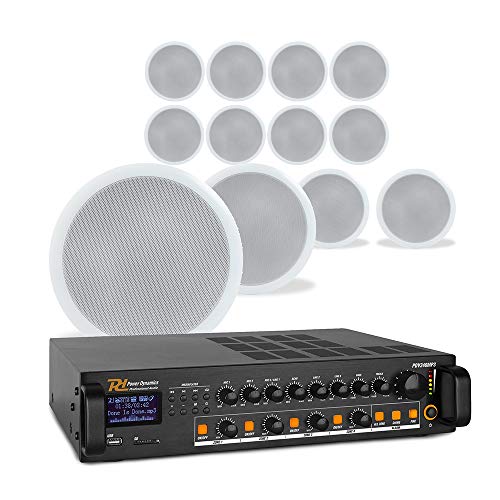 Power Dynamics 4-Zone Ceiling Speaker System with 12x 8 Inch CSPB8 Ceiling Speakers, Bluetooth Mixer Amplifier & 100m Speaker Cable - Commercial PA Audio Solution for Music, Paging & Background Sound