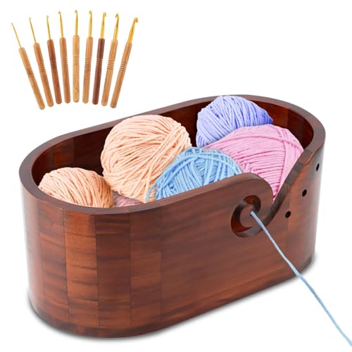 Image of Wooden Yarn Bowl with 9pcs Knitting Hooks,Oval Knitting Yarn Bowl for Crocheting,Handmade Knitting Yarn Holder,Wood Storage Crochet Bowl for Crocheting and Knitting Lovers(Brown)