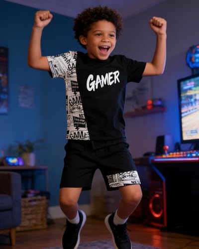 Image of OLMRJKD Boys 2 Piece Outfits Short Sleeve Colorblock T-shirt and Shorts Summer Casual Clothes for 6-12 Years