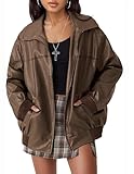 GraceSelect Dark Brown Fake Leather Jacket Women, Spring Jackets Oversized Bomber Coats, 2026 Winter Trendy Clothes Y2K Tops