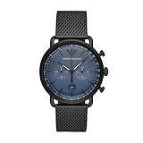 armani chronograph ceramica Rundes, schwarzes Edelstahlgehäuse mit blauem Zifferblatt