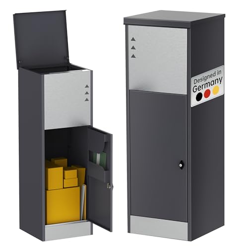 Ondis24 Korona Paketbox XL Postbox für Pakete, Päckchen, Warensendungen und Briefe mit Paketsafe, galvanisiert, mit Gasdruckfedern (116,5 cm, Grau) (Edelstahlfront)