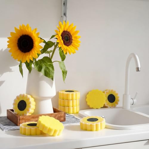 Image of Tioncy 12 Pack Sunflower Kitchen Sponges Bulk Dual Sided Scrubber Yellow Sunflower Sponges Dishwashing Kitchen Cleaning Accessories for Funny Christmas Holiday Household Supplies
