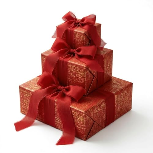 Zoyzoygo Crimson Gold Embossed Floral Wrap & Ribbon Set