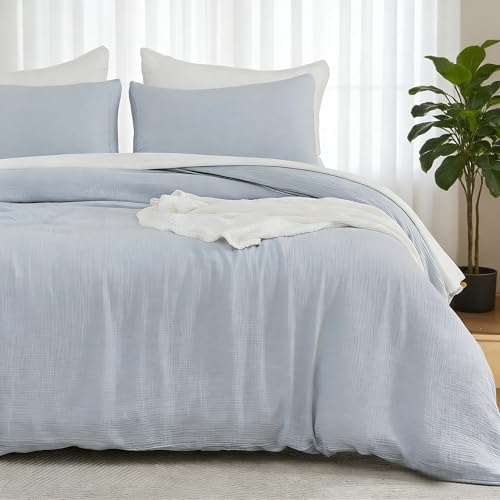 Image of EMME Muslin Cotton Duvet Cover Set Blue Twin Size Linen Like Soft Breathable Lightweight Summer Comforter Cover Set with Zipper Closure (Blue, Twin, 68 inchx90 inch)