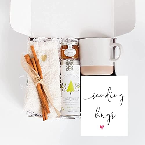 Care Package for Women, Tea Gift Basket with Self Care Gifts for Women, Get Well Soon Package with Organic Chai Tea, Honey, Fuzzy Socks, Cinnamon Sticks, Ceramic Mug, Sending Hugs Greeting Card, 1 Set