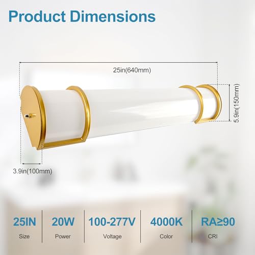 Image of Lightdot LED 25 Inch Flush Mount Vanity Lighting Fixture, 20W 2125LM 4000K 100-277V | Farmhouse Bathroom Light Bar, Waterproof Linear Wall Light Bar Over Mirror, Long Tube Bath Sconce-Gold