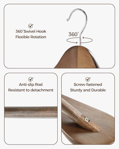 Premium Holzbügel-Set 6er – Extrabreite Schultern & 360°-Drehhaken | Mit Hosensteg für Mäntel, Jacken & Kleider | Glatte Oberfläche (Naturholz)