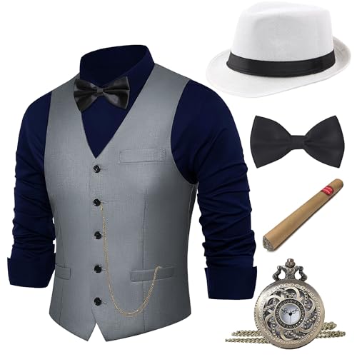 Image of BABEYOND 1920s Mens Gangster Vest Costume Accessories Set Fedora Hat