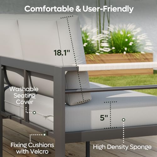 اريكة انيقة بـ3 مقاعد مع مساند للذراعين، كنبة محادثة للفناء الخارجي مع وسادة سميكة (12 سم) للفناء والحديقة والشرفة وحمام السباحة وغرفة المعيشة، رمادي (182 × 69 × 66 سم)