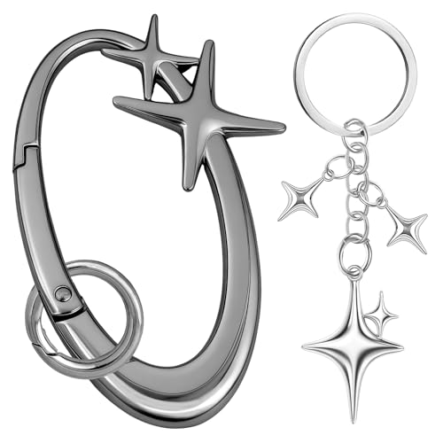 Zkptops 2Pcs Star Carabiner Y2K Keychain Aesthetic Star Moon Keychain Cute Extra-Large Shiny Zinc Alloy Carabiner Cool Belt Loop Clip Black Fashion Key Chain Alloy Key Ring Accessory for Men Women