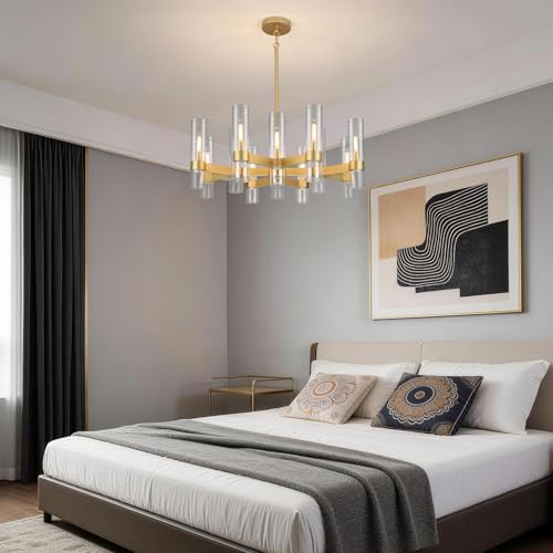 12 Light Gold Chandeliers for Dining Room Light Fixture, Modern Farmhouse Chandelier Over Table, Kitchen Hanging Lighting with Clear Glass Cover for Living Dining Room Kitchen Bedroom Foyer 34" by LIGHTDAMY - Used condition - Image 9