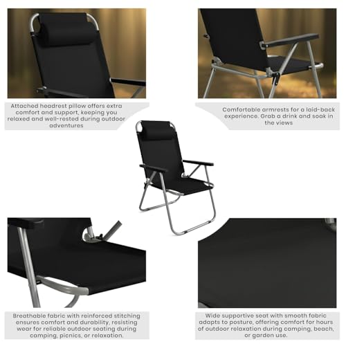 Image of ORILEY Camping Chair with Adjustable Pillow and Arm Rest Portable & Lightweight Foldable Garden Fishing Chairs for Travelling Outdoor Beach Hiking (Large, Black)