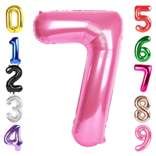 Image of 40 Inch Pink Number 7 Balloon Birthday Party Decorations for Men & Women | 40 Inch Pink inflatable foil number balloons, large birthday decorations for 7th birthday