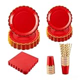Papierteller-Set mit Muschelrand in Rot mit Gold für 25 Gäste