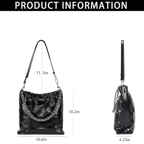 Image of LA FESTIN Genuine Leather Chain Hobo Bag for Women Trendy Crossbody Purse | Split Leather, Chain Strap, Adjustable Strap, Drawstring Closure, Large Capacity, Daily use