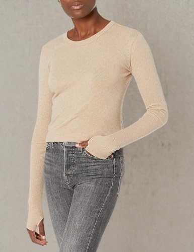 Image of Enza Costa Women's Cashmere Blend Cuffed Crew Top with Thumbholes