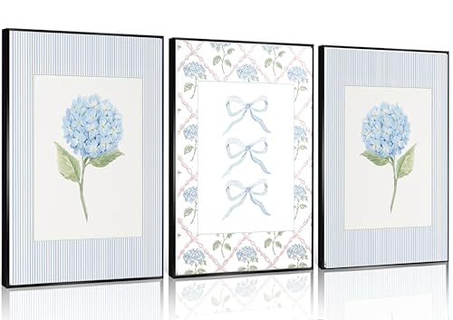 Blue Hydrangea Canvas Wall Art Trendy Watercolor Bow Coquette Paintings Pictures Wall Decor Coastal Preppy Aesthetic Posters Prints for Girly Room Bedroom College Apartment Home Decoration