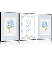Blue Hydrangea Canvas Wall Art Trendy Watercolor Bow Coquette Paintings Pictures Wall Decor Coast...