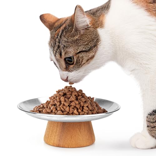 Elevated Wood-Base Cat Bowl – 6.9″ Whisker-Friendly Stainless Steel Feeding Dish for Indoor Cats (Basic Plain)